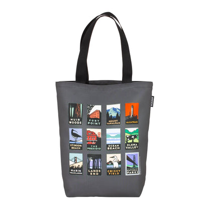 Grey Golden Gate National Parks tote bag with colorful park-inspired artwork on front panel. Artwork by Michael Schwab.