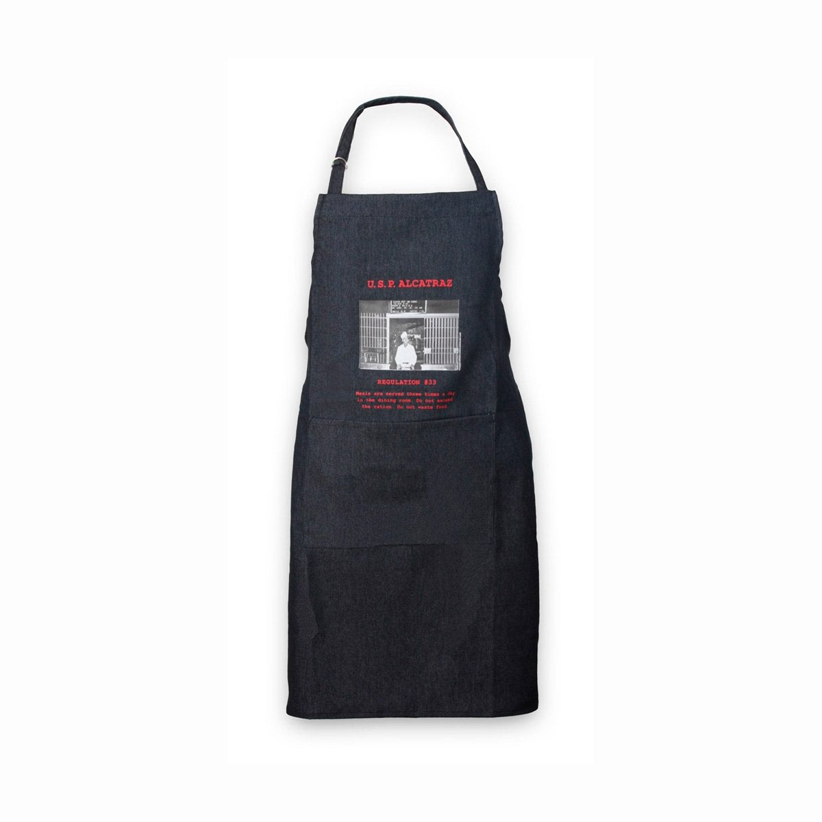 Denim apron with screen-printed Alcatraz Regulation 33 design on chest.