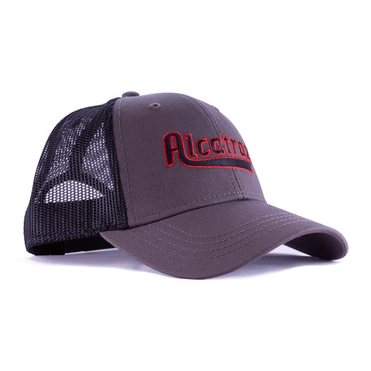 Grey and black mesh trucker cap with red and black embroidered Alcatraz logo on front panels.