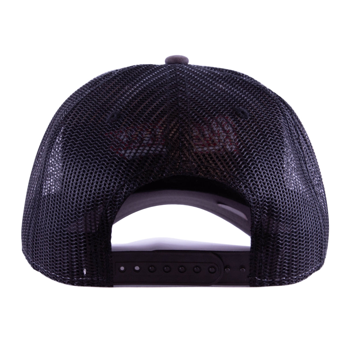 Grey and black mesh trucker cap with red and black embroidered Alcatraz logo on front panels.