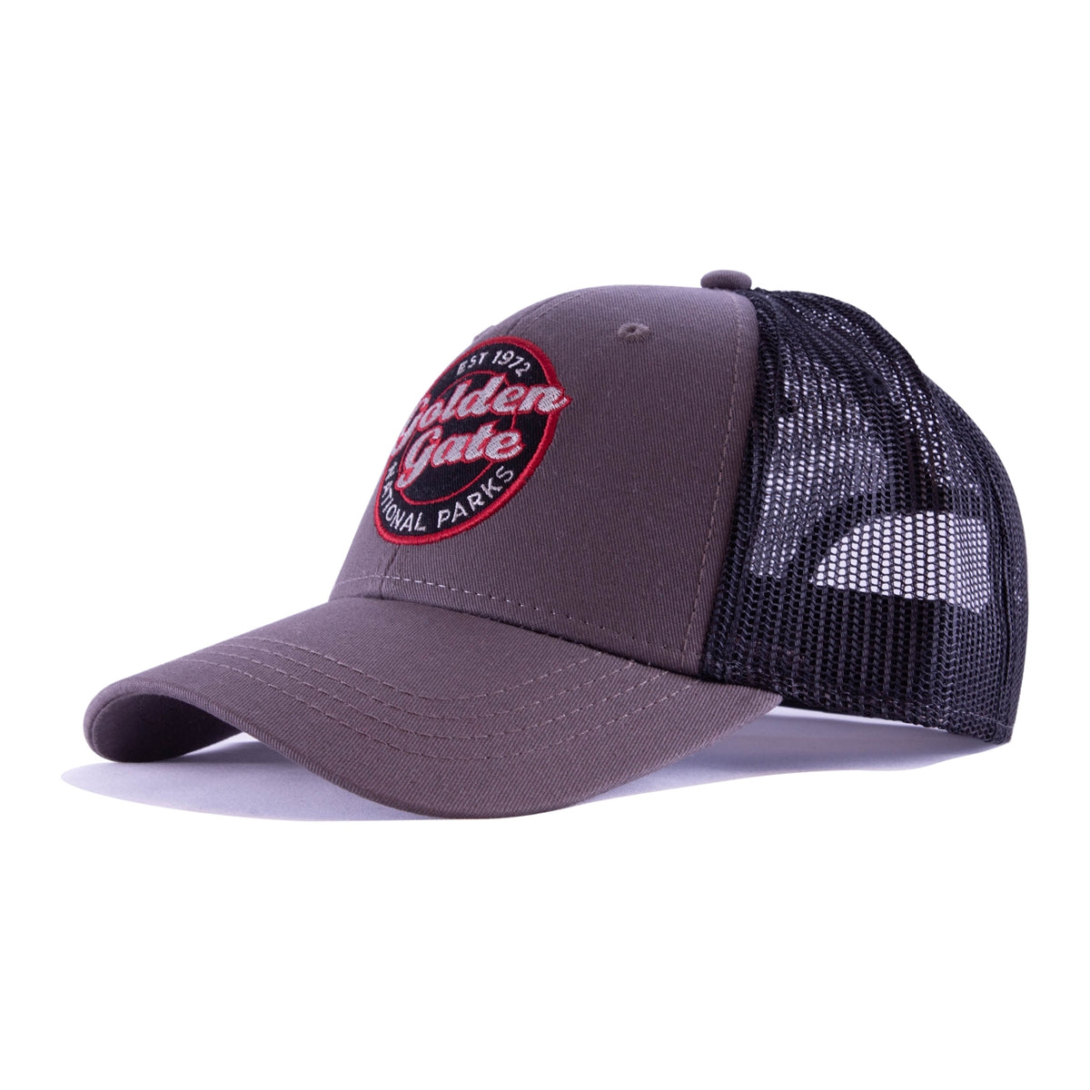 Grey and black mesh trucker cap with red, white, and black embroidered Golden Gate National Parks logo on front panels.