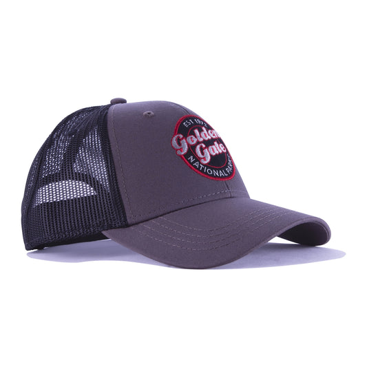 Grey and black mesh trucker cap with red, white, and black embroidered Golden Gate National Parks logo on front panels.