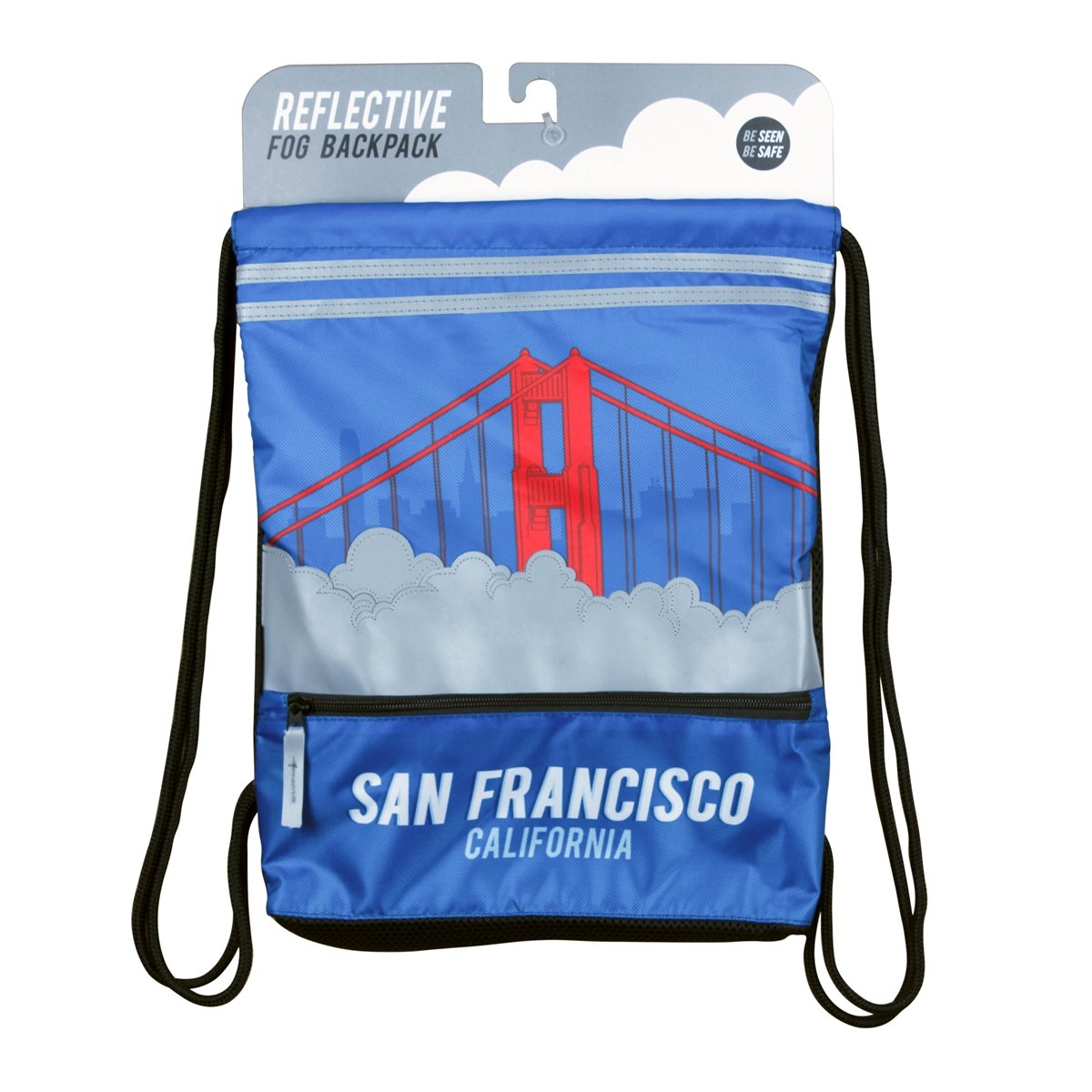 Blue drawstring backpack with orange Golden Gate Bridge design and reflective silver fog on body of bag.