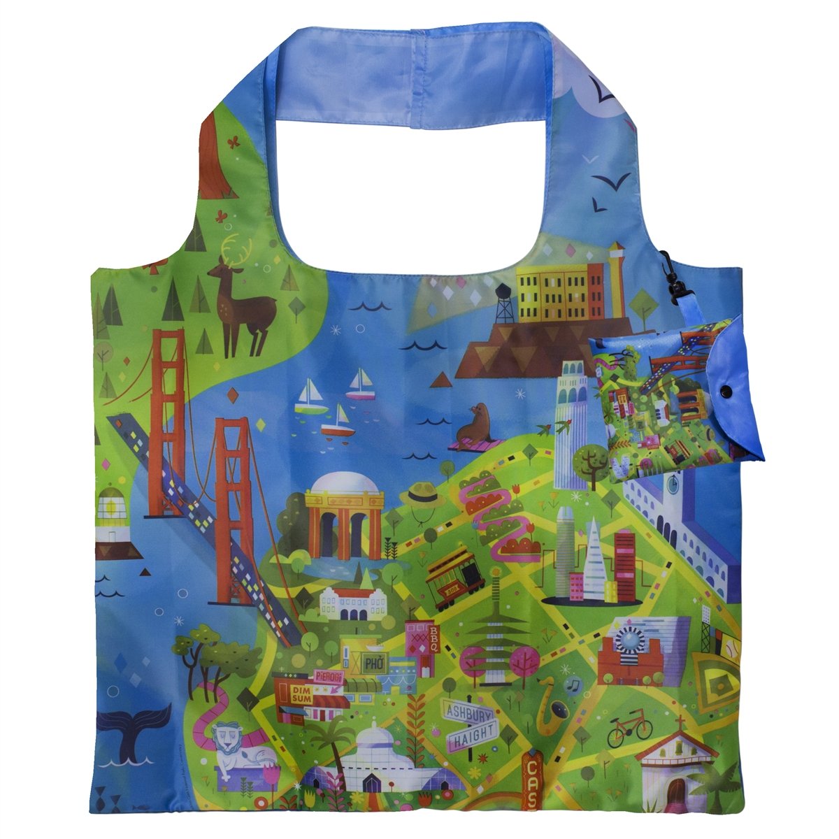 Brightly colored reusable tote bag with San Francisco map illustration and snap-closure pouch.