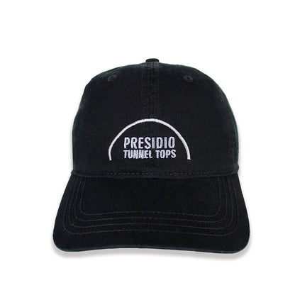 Black cotton baseball cap with embroidered text and design in white on front brim reading Presidio Tunnel Tops.