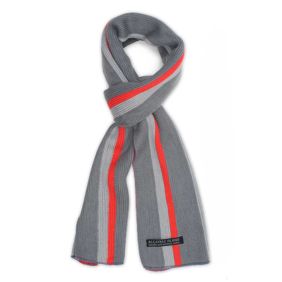 Multicolor grey and red striped knit scarf with Alcatraz Island Golden Gate National Parks woven patch label.