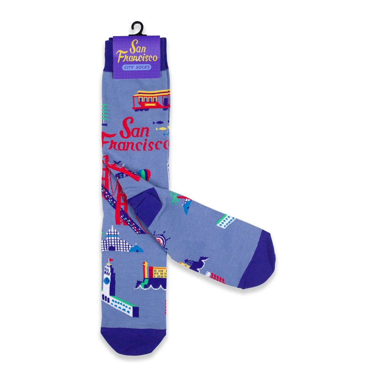 Blue novelty socks with multicolored designs of San Francisco landmarks, including the Golden Gate Bridge and Alcatraz Island.