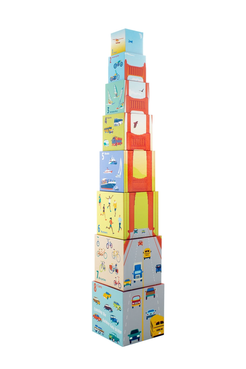 Multicolor Golden Gate Bridge stacking blocks, with illustrations of the bridge and a poem by Robert Lieber.