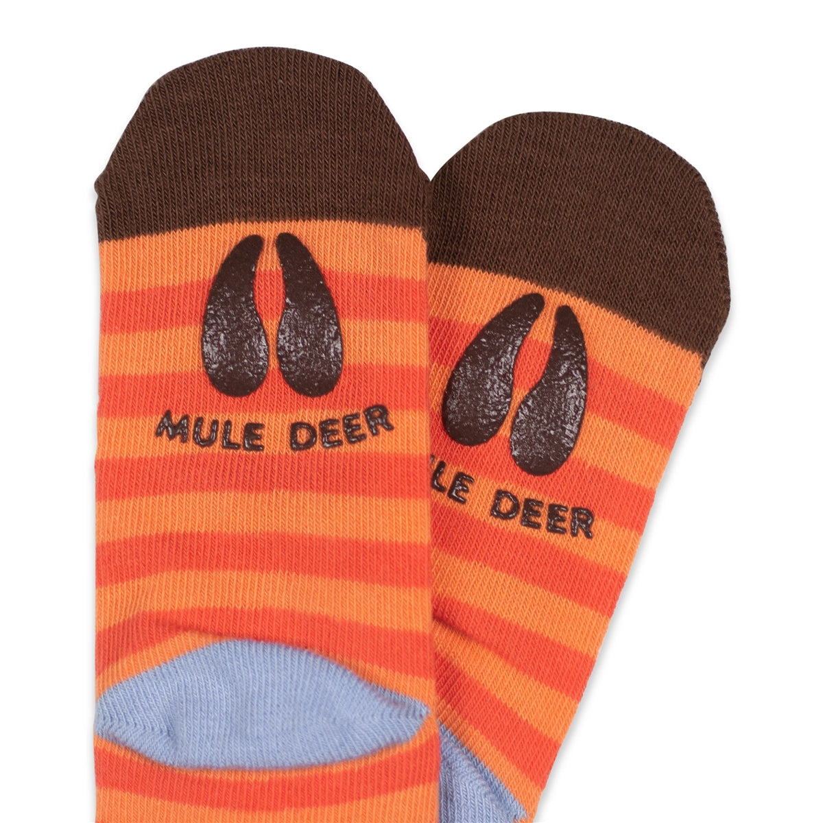 Multicolor striped orange-brown San Francisco Critter kids socks, with mule deer design and non-skid "tracks" feature on sole.