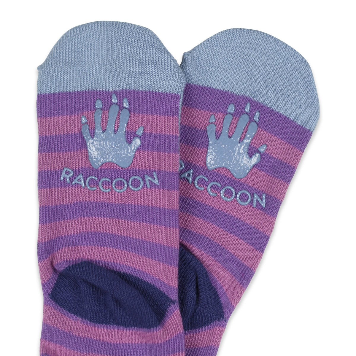 Multicolor striped blue-purple San Francisco Critter kids socks, with raccoon design and non-skid "tracks" feature on sole.