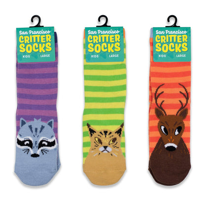 Multicolor striped blue-purple San Francisco Critter kids socks, with raccoon design and non-skid "tracks" feature on sole.