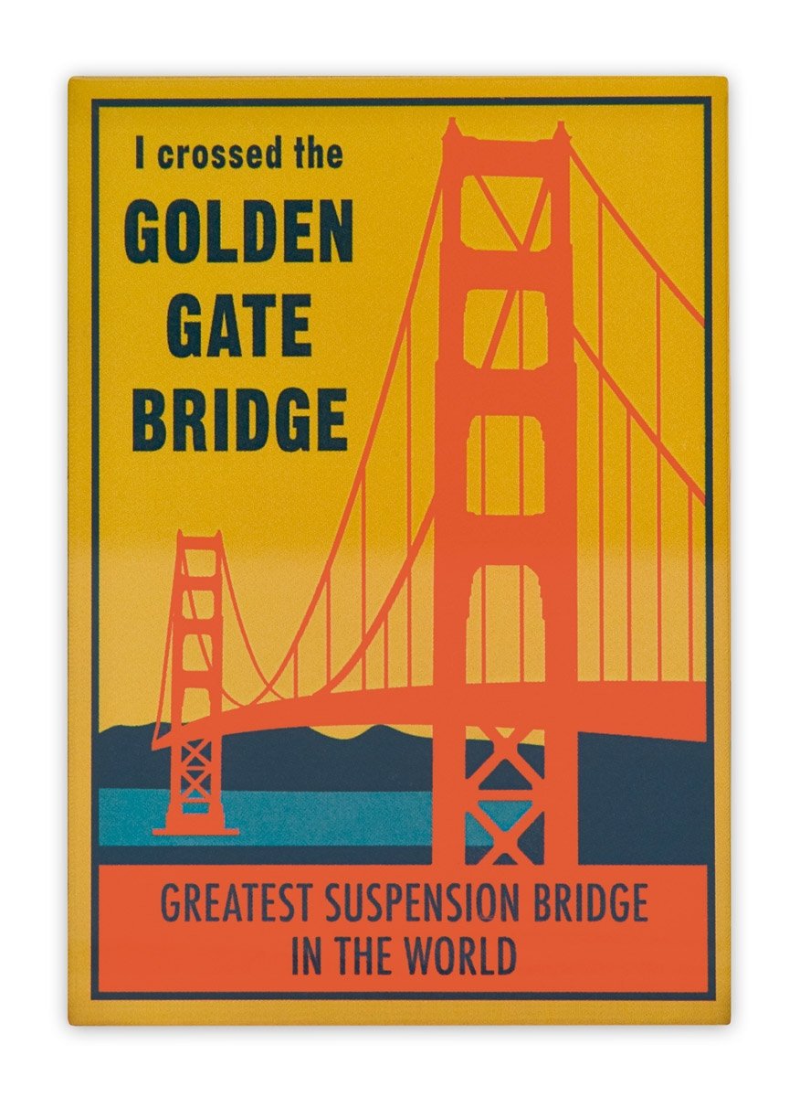 Yellow souvenir magnet with vintage-inspired orange and teal "I Crossed the Gate Bridge" design.