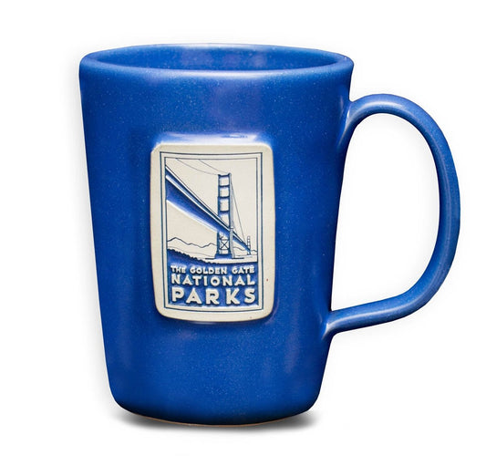 Blue handmade in USA souvenir national park mug by Deneen Pottery, Golden Gate National Parks Bridge edition.