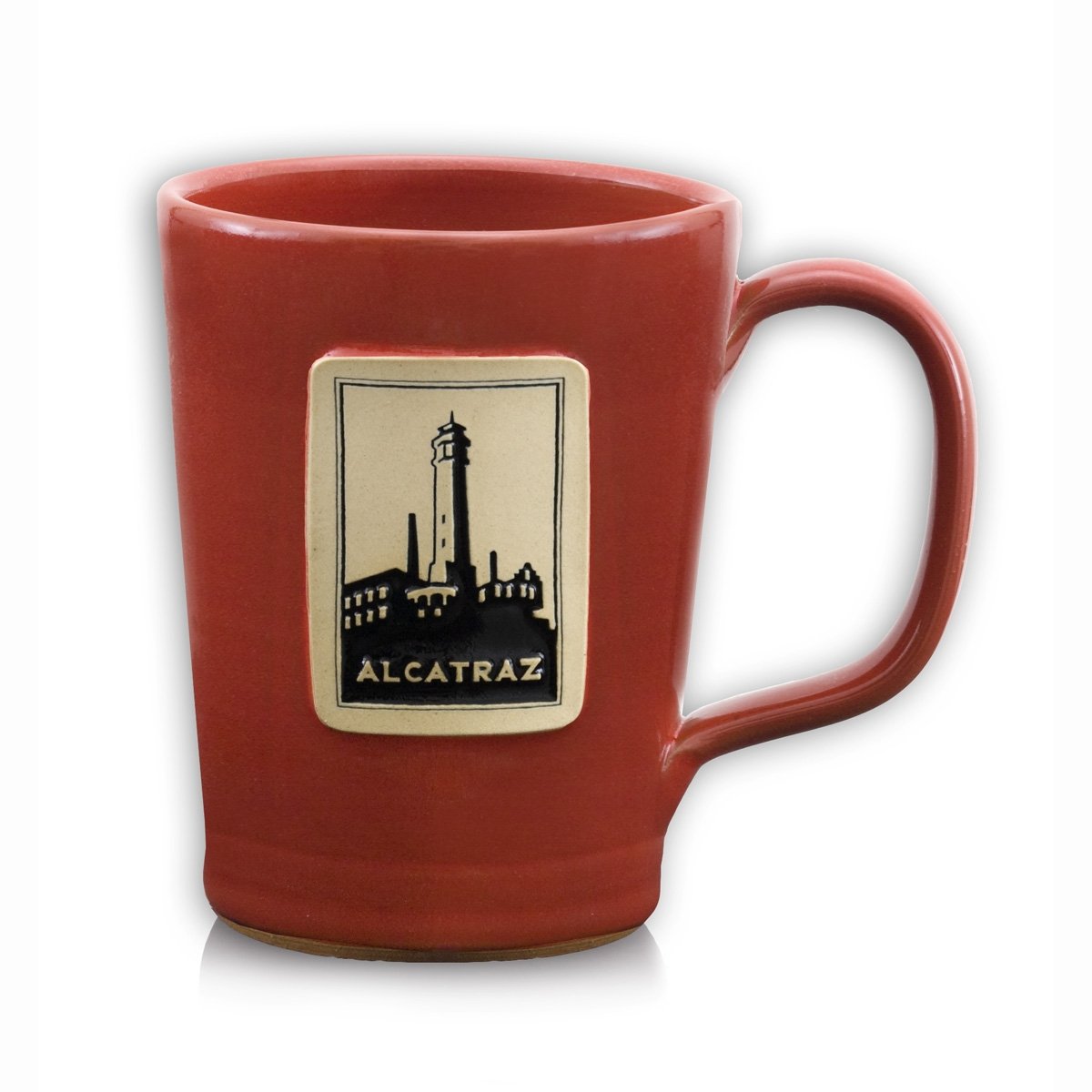 Red handmade in USA souvenir national park mug by Deneen Pottery, Alcatraz lighthouse edition.