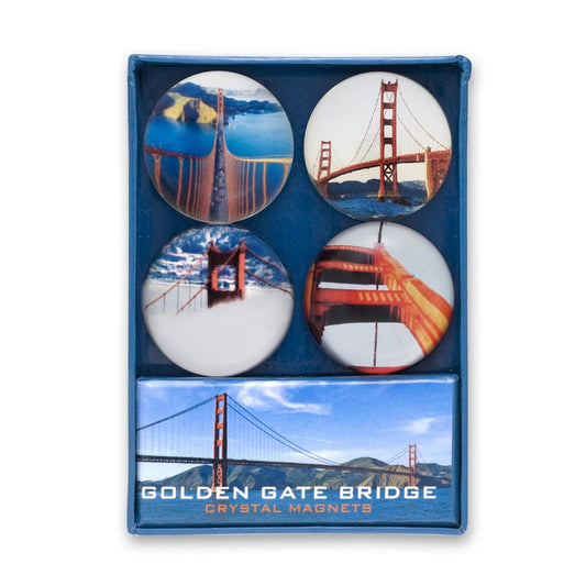 Multicolor Golden Gate Bridge crystal magnet set, featuring 4 photos of San Francisco's famous span.