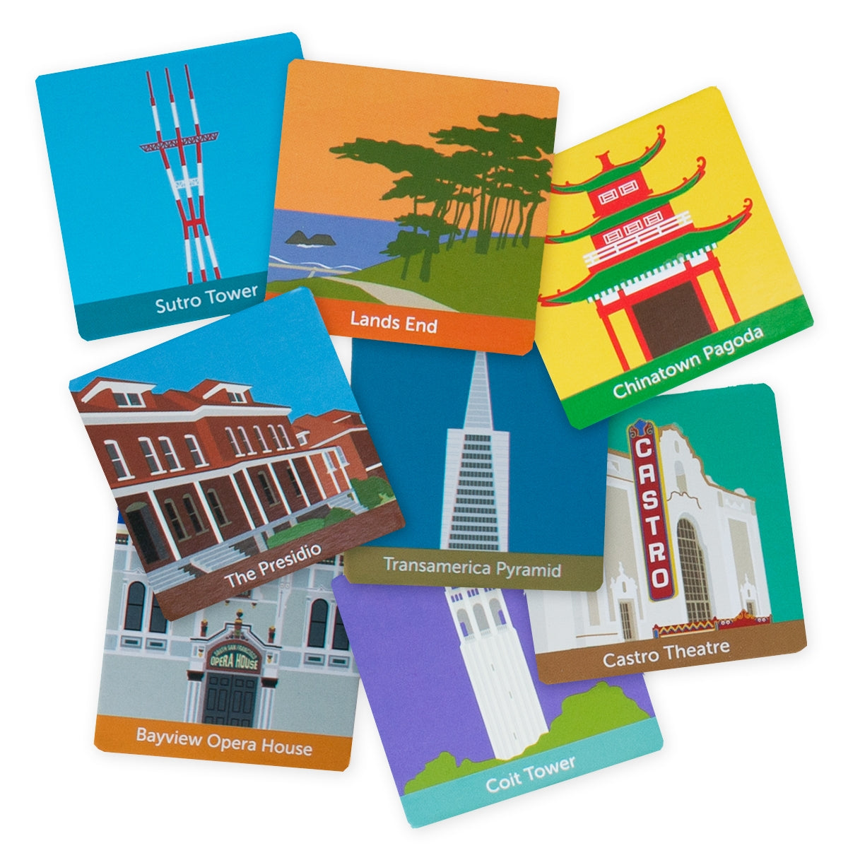 San Francisco matching game, featuring Golden Gate Bridge, cable cars, Alcatraz, and more. Set of 24 cards.