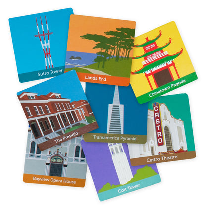 San Francisco matching game, featuring Golden Gate Bridge, cable cars, Alcatraz, and more. Set of 24 cards.