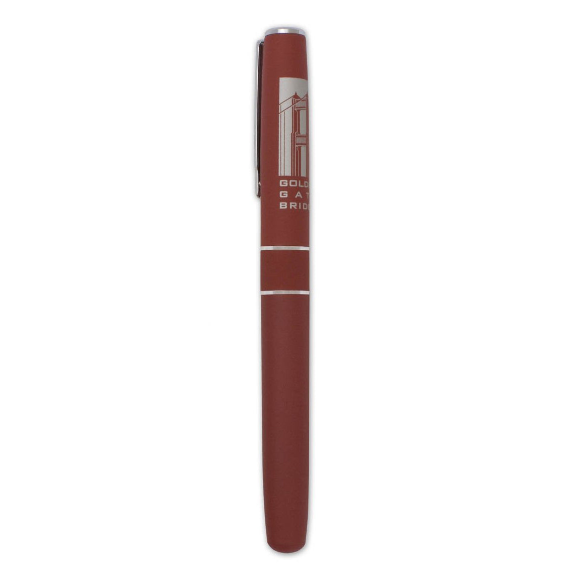 International Orange Golden Gate Bridge pen with tower logo and mirror-polished hardware.