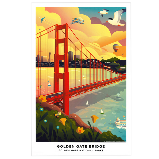 11x17 Golden Gate Bridge San Francisco print featuring art by Charles House, produced by the Golden Gate National Parks Conservancy. A colorful illustration of the Golden Gate Bridge silhouetted against a bustling landscape with seagulls, boats, wildflowers, whales, and more.