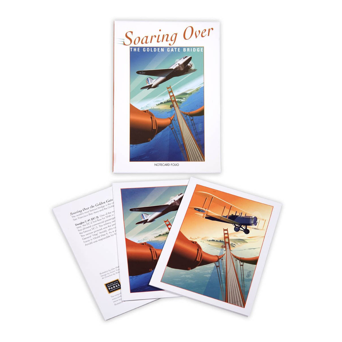 Soaring Over the Golden Gate Bridge notecard folio, set of 10 notecards with envelopes. Artwork by John Mattos.