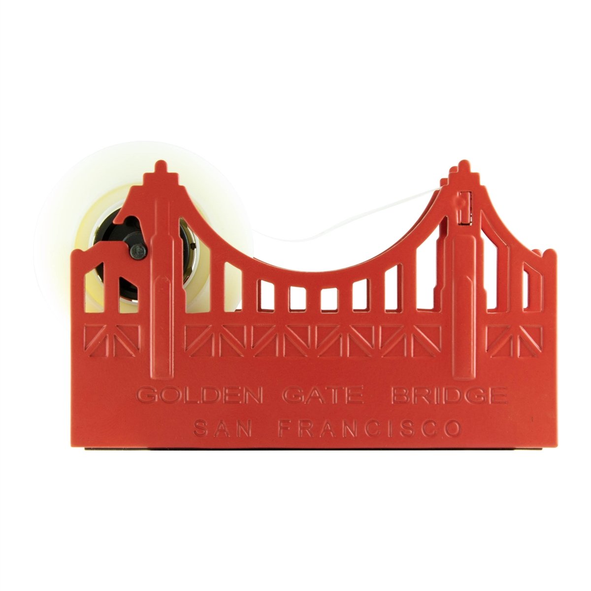 International Orange coated steel Golden Gate Bridge tape dispenser.