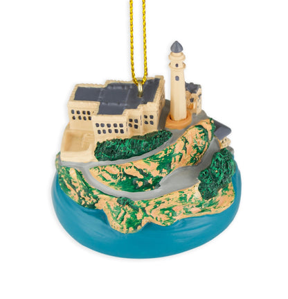 Hand-painted resin Alcatraz Island model ornament with gold thread ribbon.