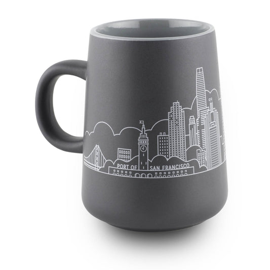 15 oz. matte grey tapered mug with light grey San Francisco skyline wrap-around design and gloss grey interior.