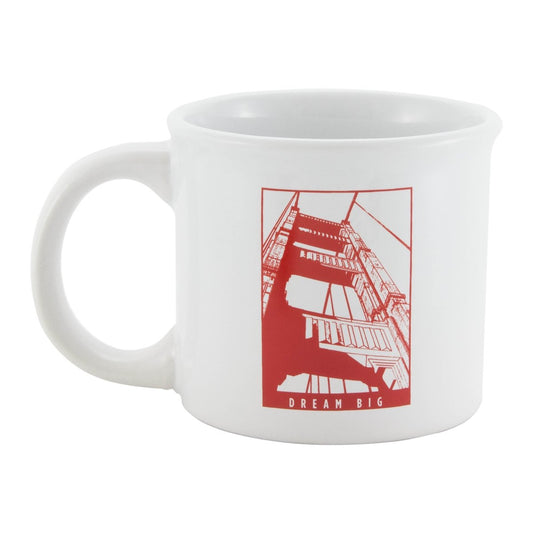 14 oz. white mug with red design featuring the Golden Gate Bridge's Art Deco tower and "Dream Big" slogan.