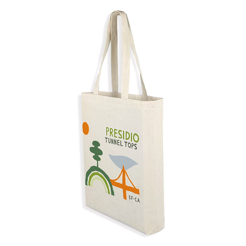 San Francisco Presidio Tunnel Tops tote bag, with multi-color screen-print design of Golden Gate Bridge and surrounding parklands.