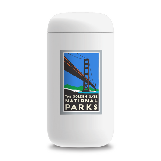 12-ounce Golden Gate National Parks travel mug made in partnership with Fellow, multicolor illustration of Golden Gate Bridge by Michael Schwab on white thermos